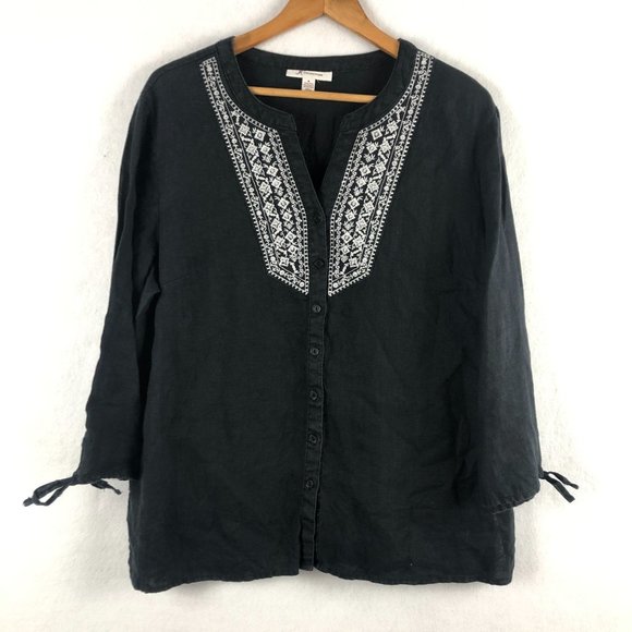 JM Collection Tops - JM Collection Women's Plus Size 16 Black Silver Embroidered Linen V-Neck Top